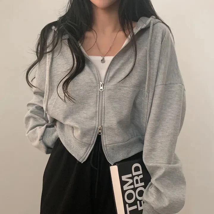 Chic Early Autumn Casual Long Sleeve Hoodie – Double Zipper Loose Versatile Cotton Pullover | Pure Color Commute Wear