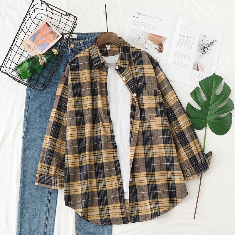 Women’s Plaid Shirt | Spring Autumn Long Sleeve Blouse | Casual Cotton Checkered Top