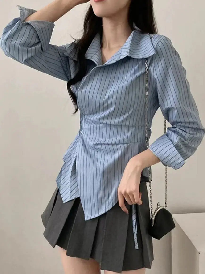 ✨ Slimming Effect White Asymmetrical Long Sleeve Top 👚 Waist-Cinching French Style Loose Fit 🌸 Women’s Premium Spring & Autumn Fashion