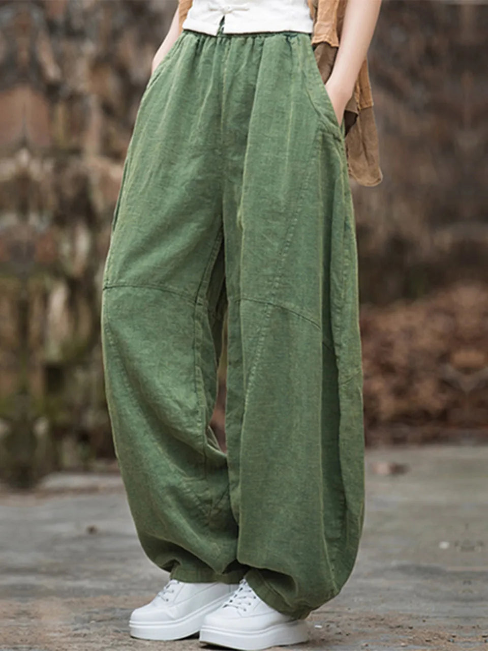 Elegant Women’s Cotton Linen Baggy Cargo Pants – Vintage Elastic Waist Wide-Leg Casual Trousers