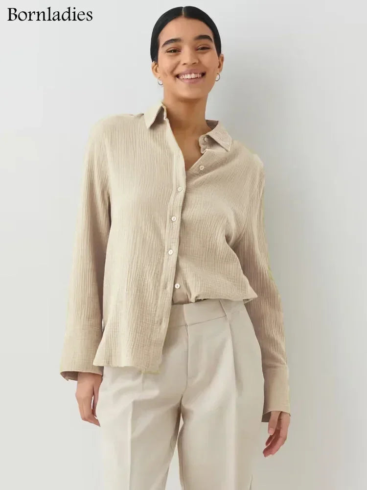 Bornladies 2025 Women’s Cotton Shirt – Solid Long Sleeve Loose Office Top 👚☀️