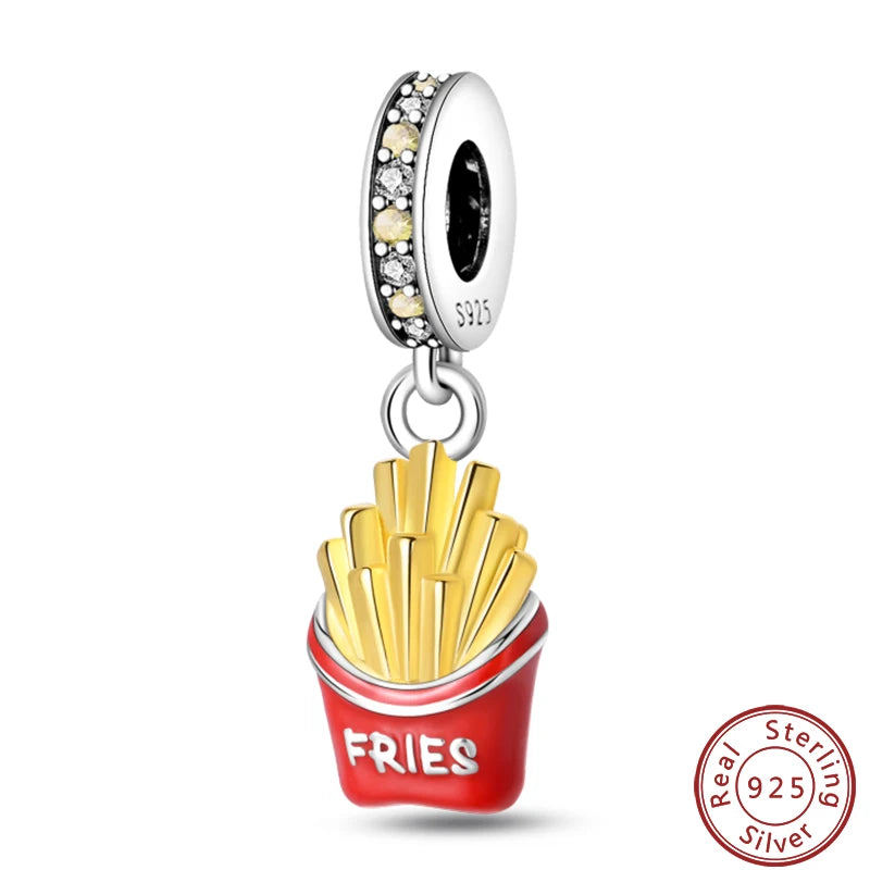 925 Sterling Silver Dessert Afternoon Tea Charm – Coffee, Cake, Pizza & Fries Beads Fit Original Pandora Bracelet DIY Jewelry