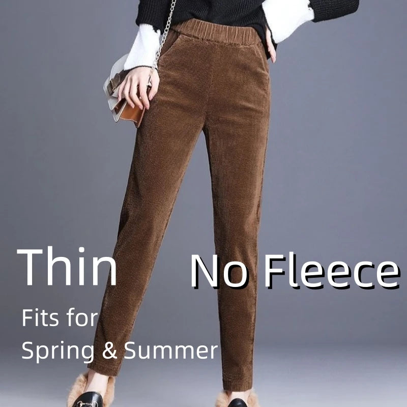 Autumn Winter Women’s Plush Fleece Pencil Pants – High Waist Corduroy Leggings | Elegant Office Trousers