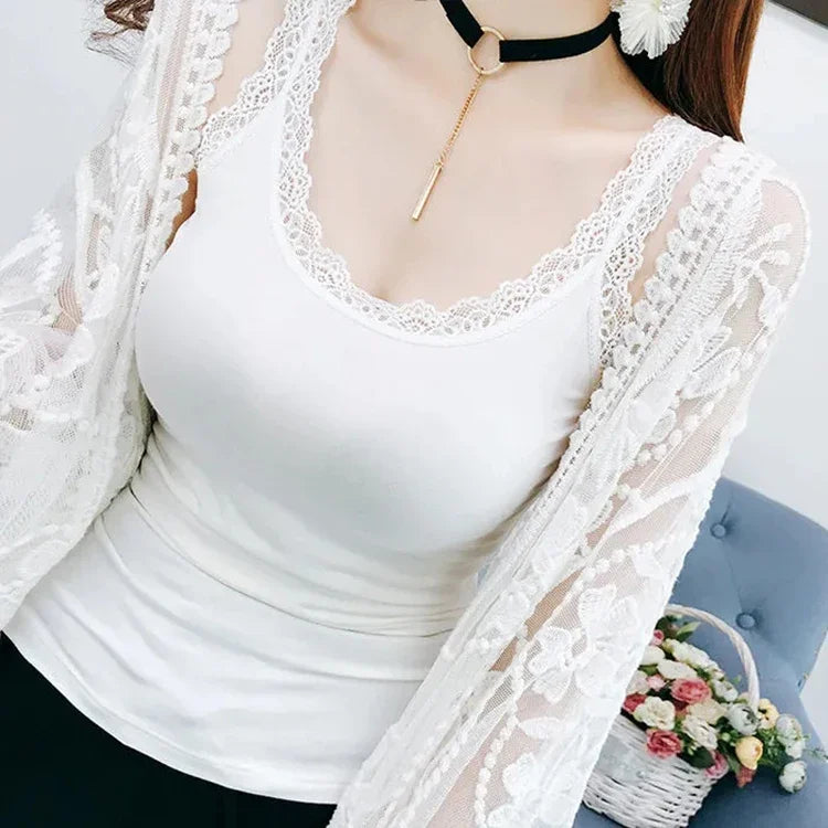 White & Black Lace Trim V-Neck Camisole | Plus Size Slim Crop Tank Top Sleep Vest
