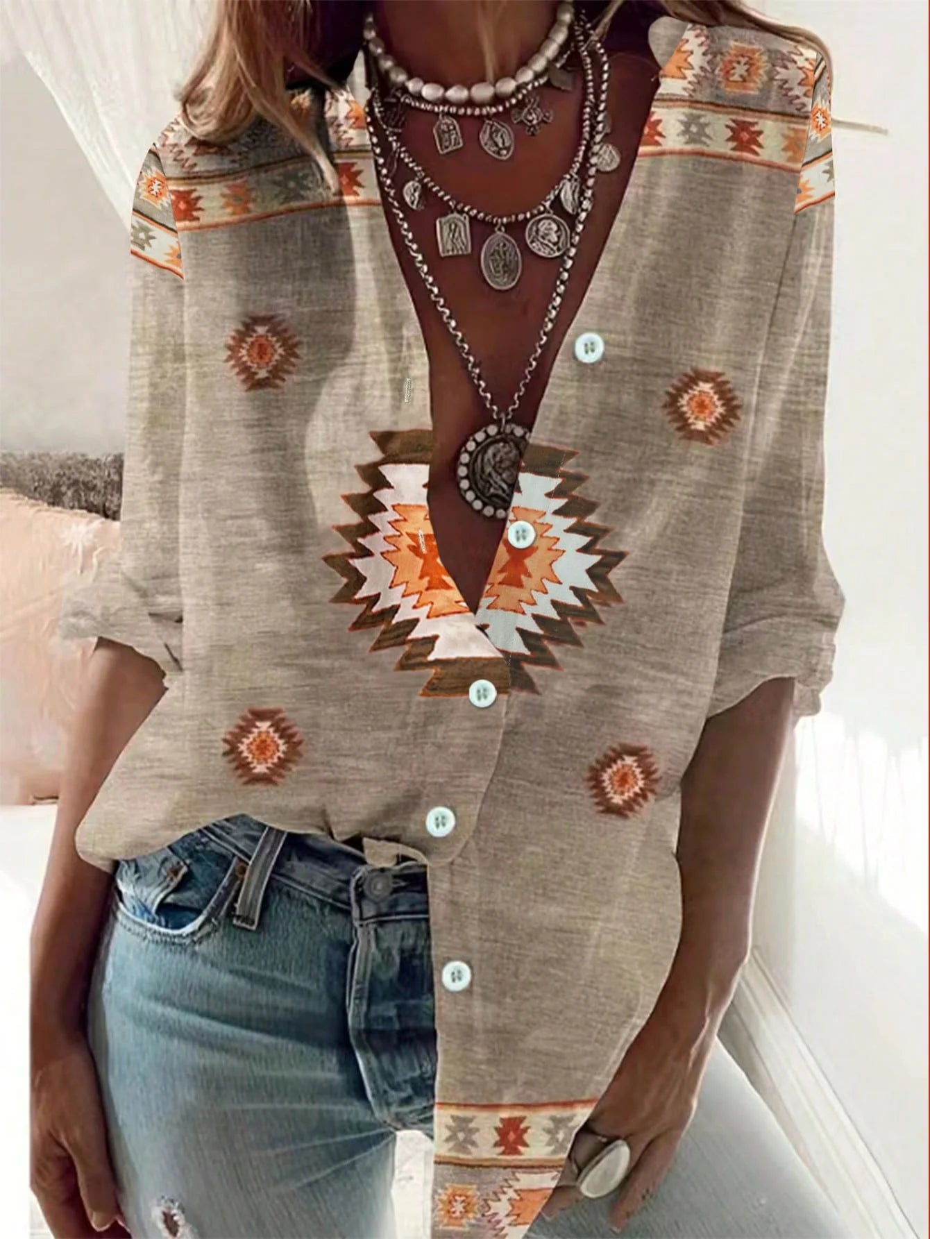 Women's Western Ethnic Print Fashion Shirt – Slim Fit Long Sleeve Elegant Casual Top 🌸✨