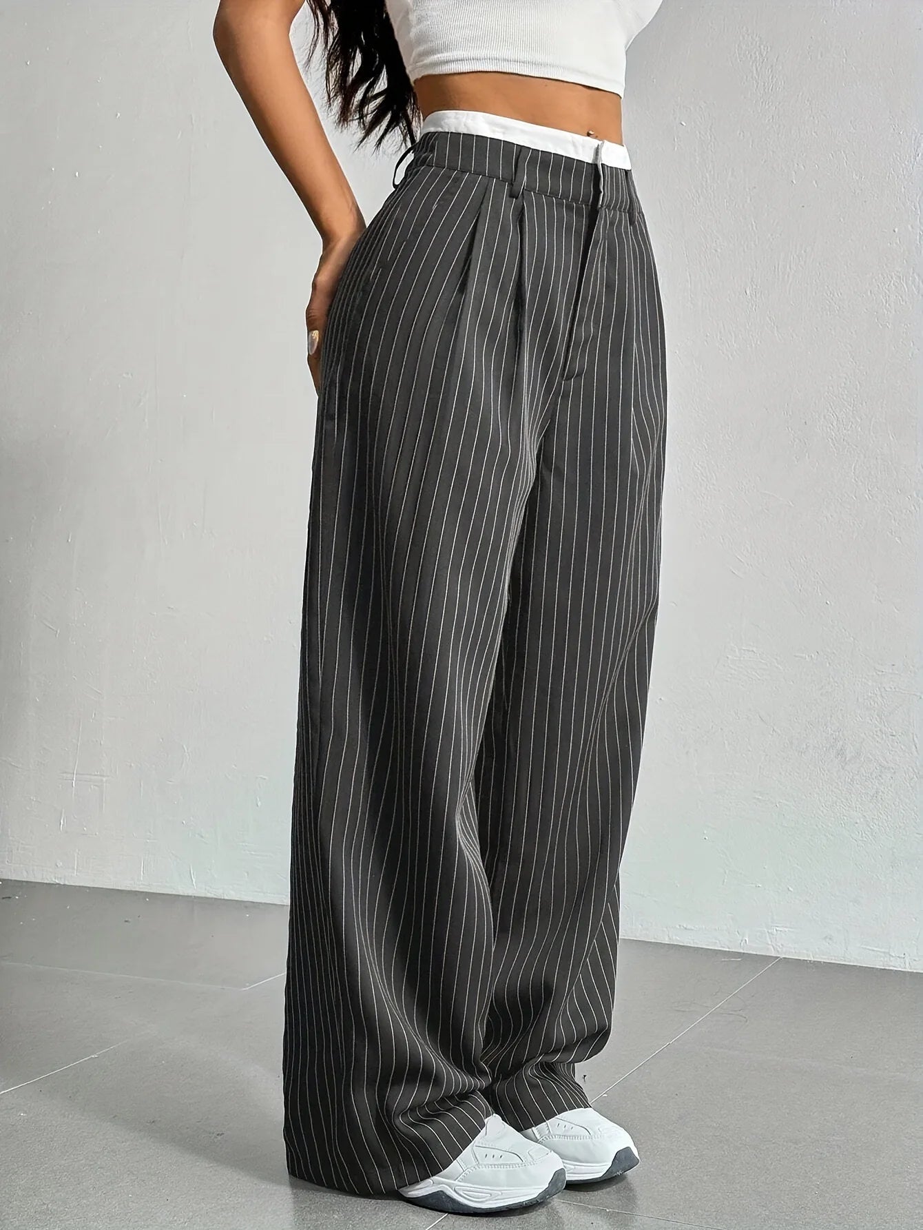 Women’s High Waist Straight Leg Pinstripe Trousers | Office & Casual Striped Dress Pants with Pockets