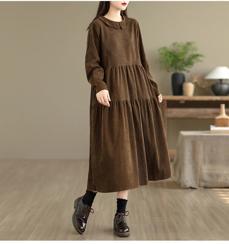 Corduroy Long Sleeve Doll Collar Dress 👗 Autumn Winter Loose A-Line Casual Midi Dress 🍂 Simple Chic Commute Dress