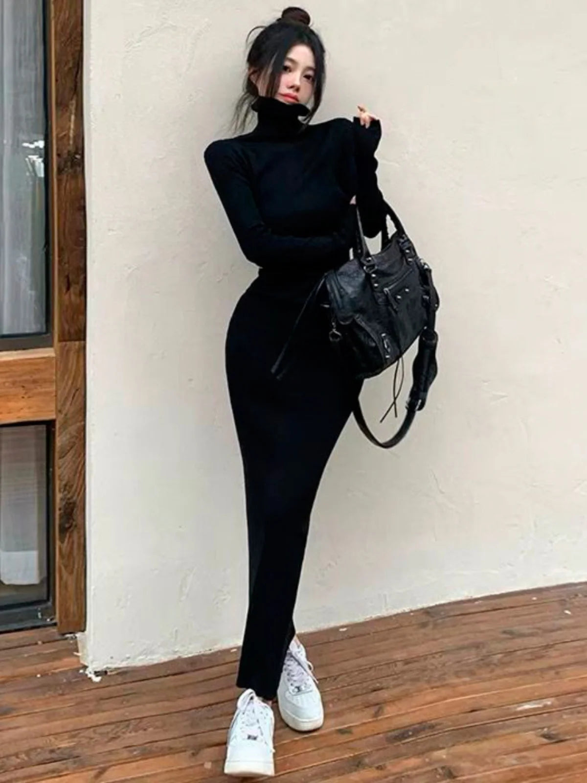 Slimming Black Long Sleeve High Collar Bodycon Dress – Tight Base Layer Wrap Skirt | Women’s Fashion Spring Autumn