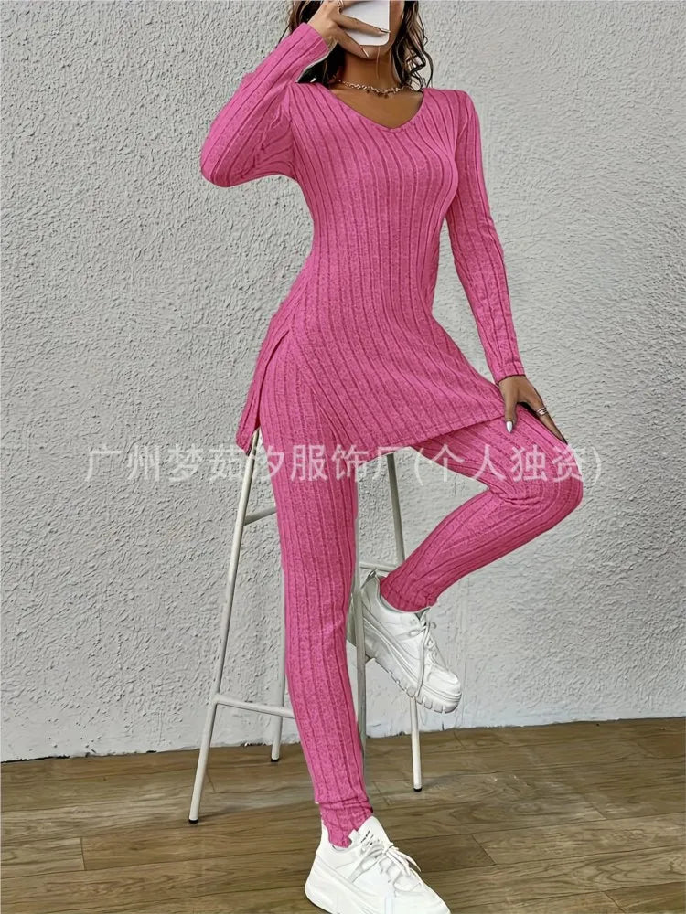 Women’s Knitted 2-Piece Set 🌸 V-Neck Pullover & Trousers Spring/Autumn ✨
