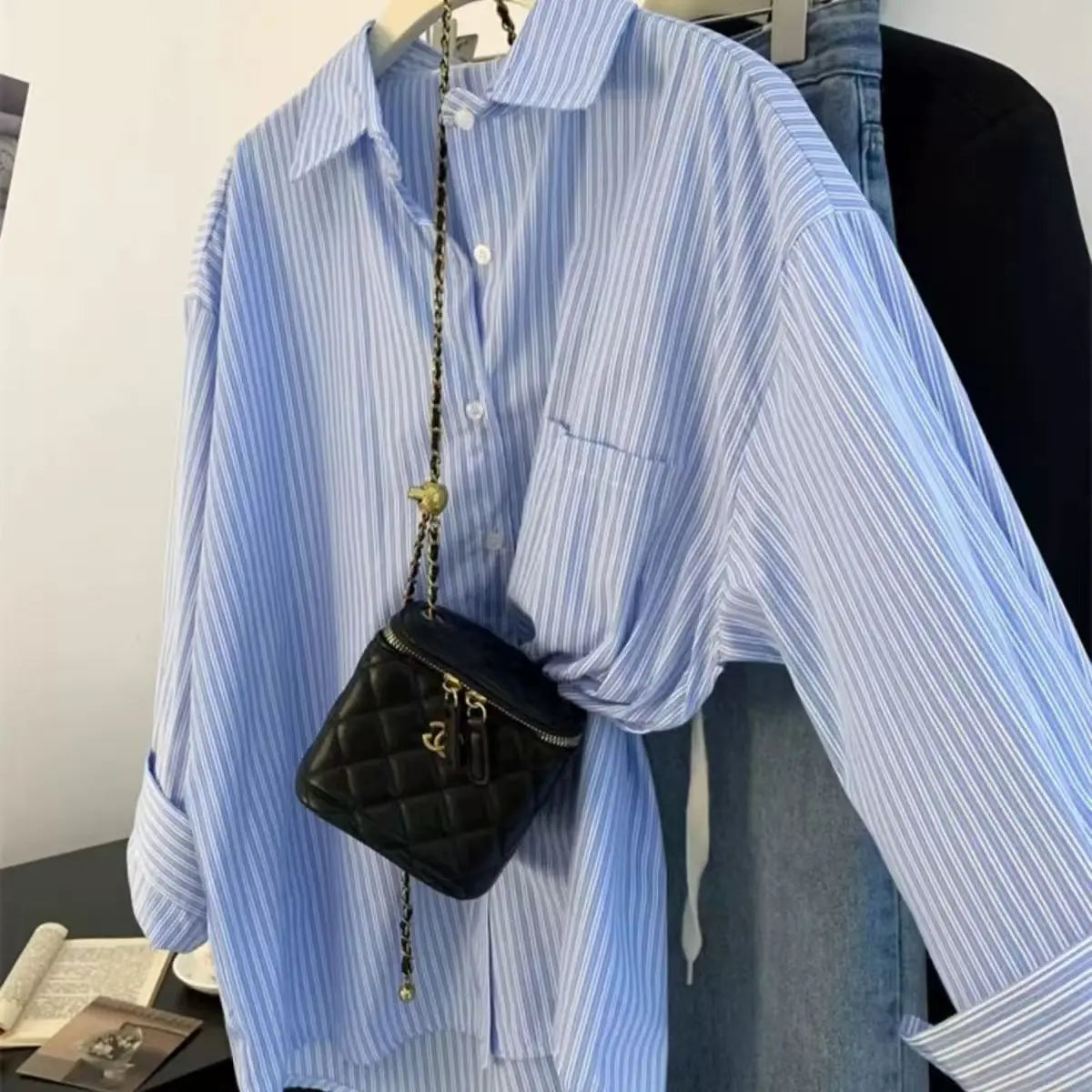 Retro Lazy Style Blue Striped Women’s Long Sleeve Shirt | Spring Autumn Design Sense Outerwear Blouse