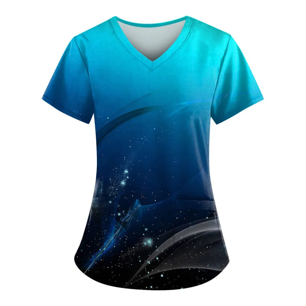 Women’s Nursing Scrubs ✨ Starlight 3D Print V-Neck Medical Uniform 💙