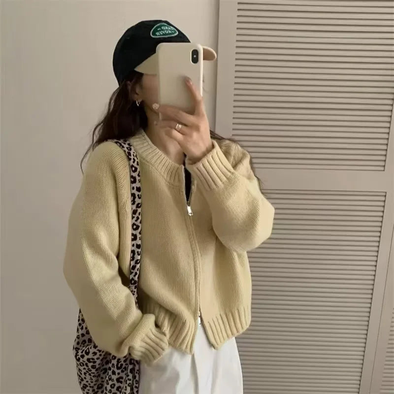 Women's Short Knitted Cardigan 2025 | Autumn Winter Solid Color Zipper Sweater Jacket