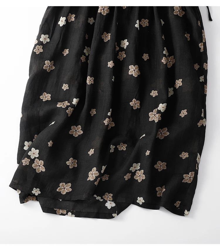 Elegant Hemp Floral Print Maxi Dress – Women's Summer Travel Gown, A-Line Midi Skirt, Chic Lightweight Long Dress