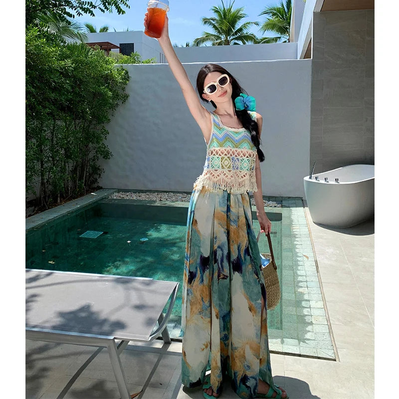 Vacation Style High Waist Wide Leg Pants – Thin Long Ethnic Print Pants for Beach & Holiday Wear