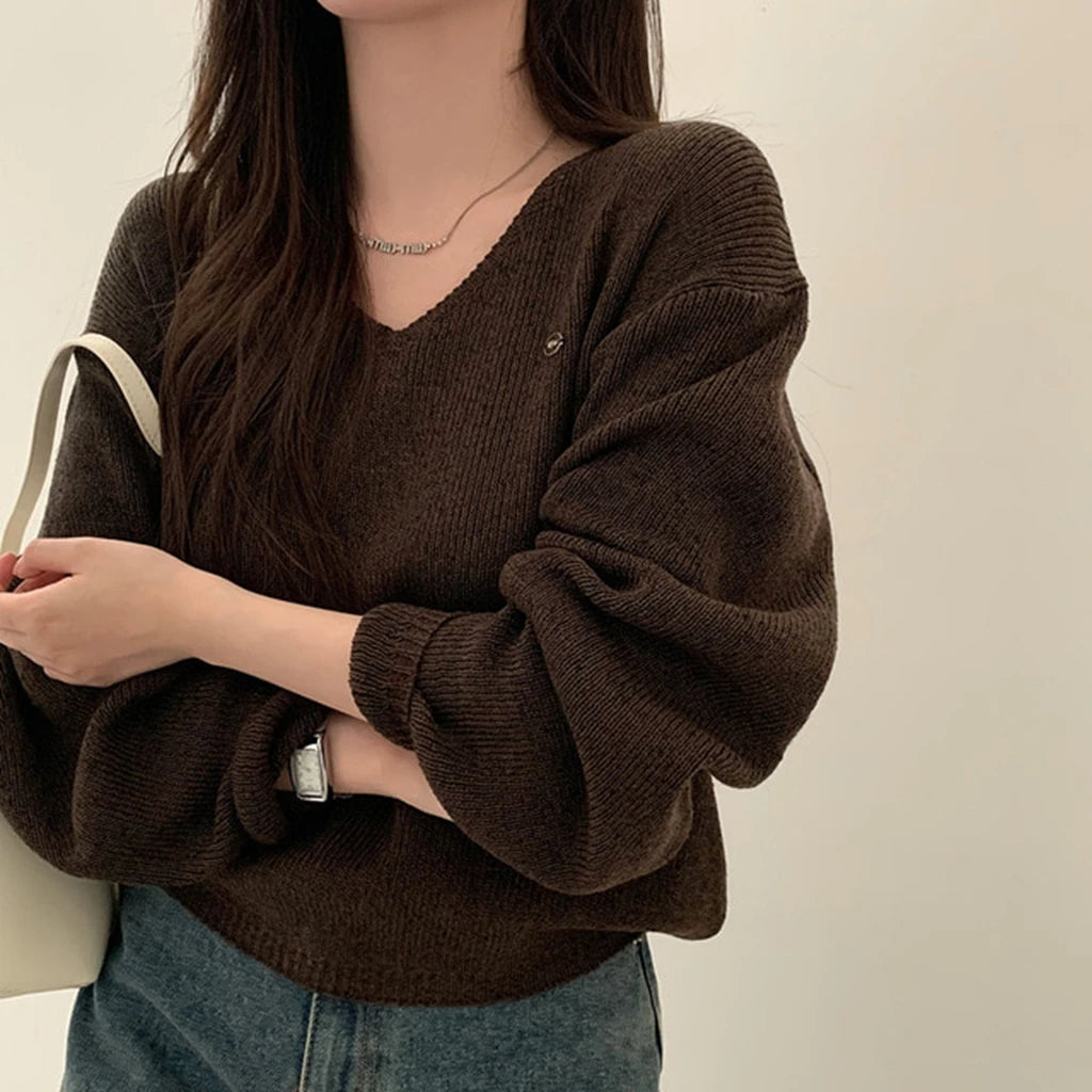 Loose Women’s Knitwear V-Neck Long Sleeve T-Shirt – Casual Comfortable Fashionable Autumn Top New Arrival