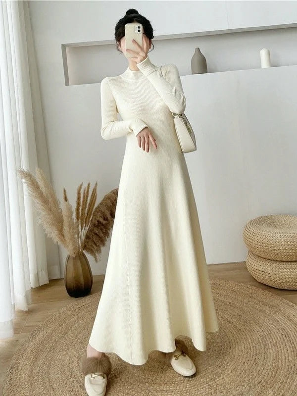 Women’s Knitted A-Line Dress – Slimming Waist Design Autumn Winter Sweater Long Dress | High-End Inner Wear