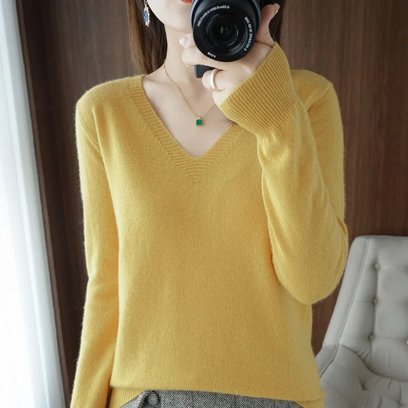 2025 Women’s V-Neck Knitted Sweater | Slim Fit Soft Knit Pullover for Autumn & Winter