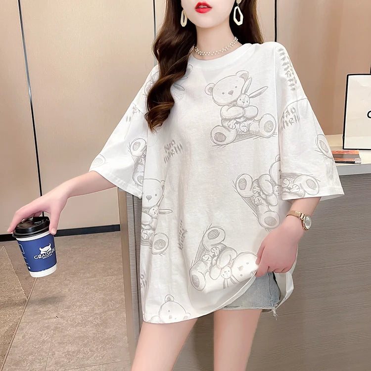 Plus Size Women’s Cartoon T-Shirt | Summer Loose Fit Top | Korean Style Short Sleeve Round Neck