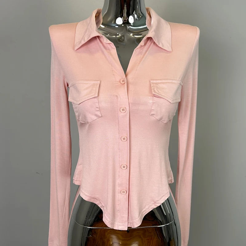 Sexy Button-Up Slim Fit Blouse – Women’s Early Autumn Korean Style Double Pocket Swing Top