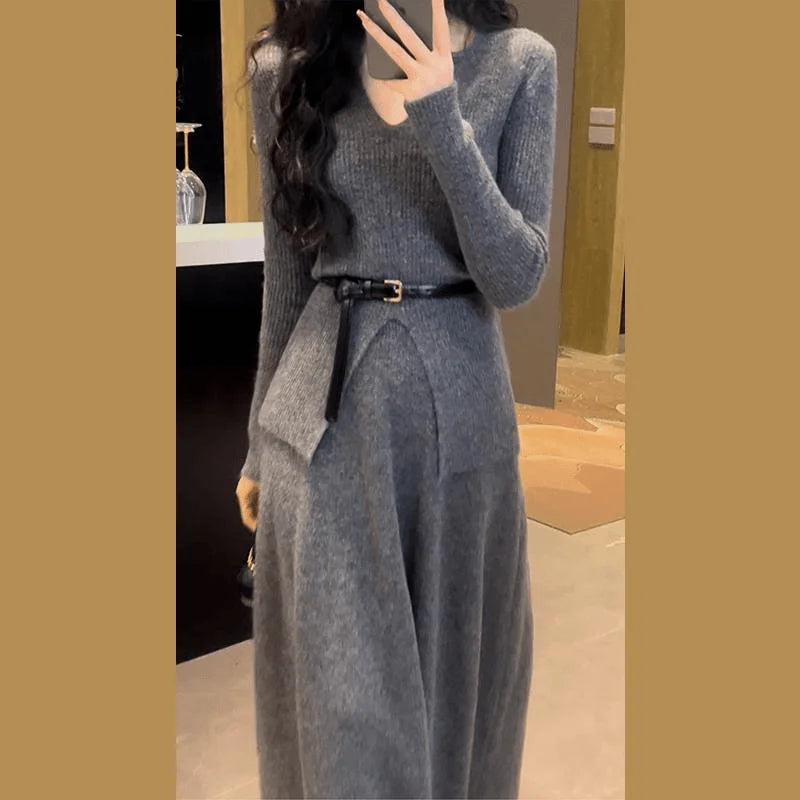 Hebe Style Knitted Two-Piece Set for Women – Slim Fit High Waist Sweater & Split Skirt | Elegant Autumn Winter Korean Outfit