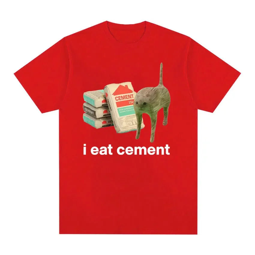 “I Eat Cement” Cursed Cat T-Shirt | Funny Meme Women’s Short Sleeve Casual Top