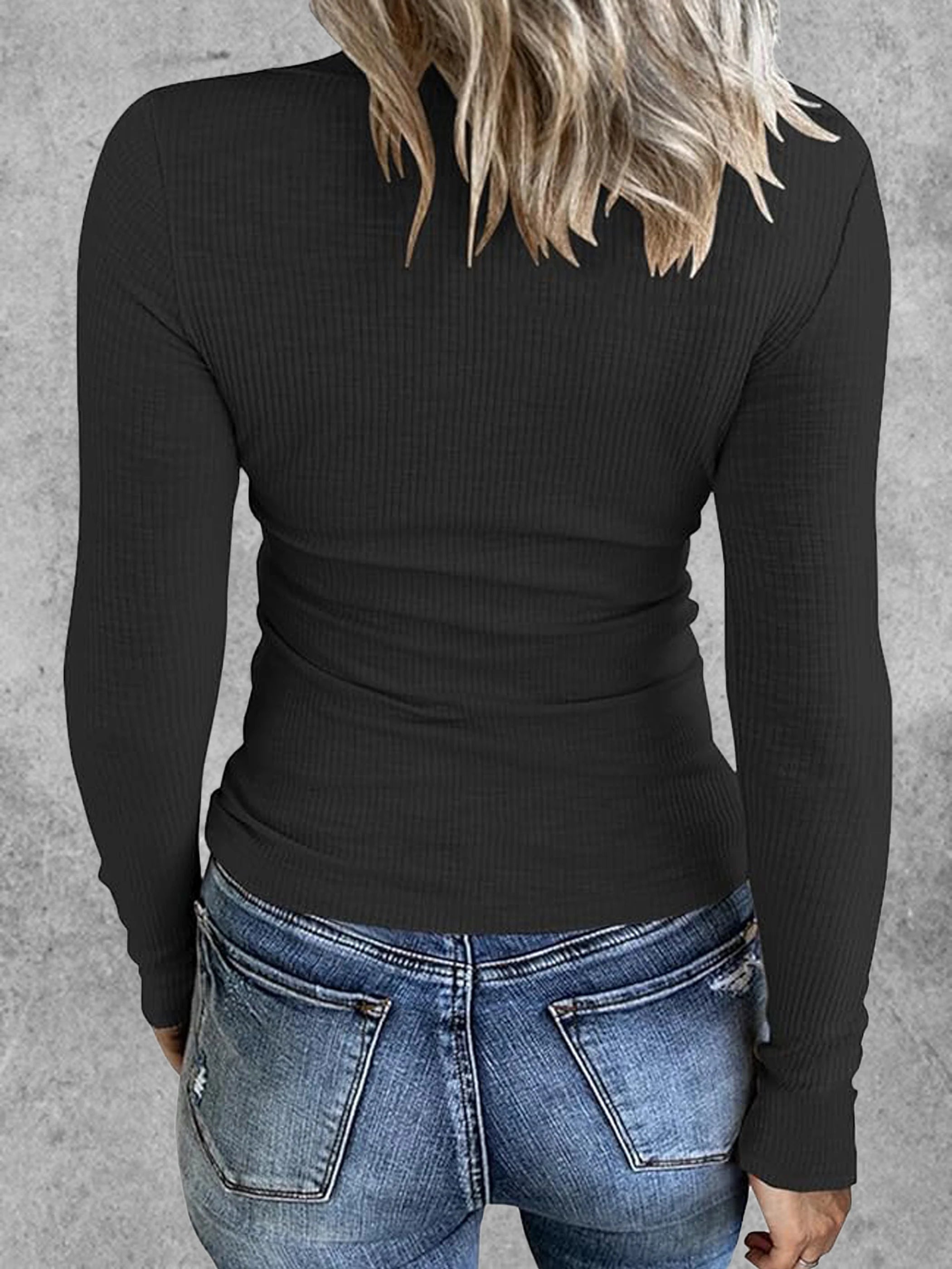 Women’s Ribbed Solid Notch Neck T-Shirt | Casual Long Sleeve Top for Spring & Fall