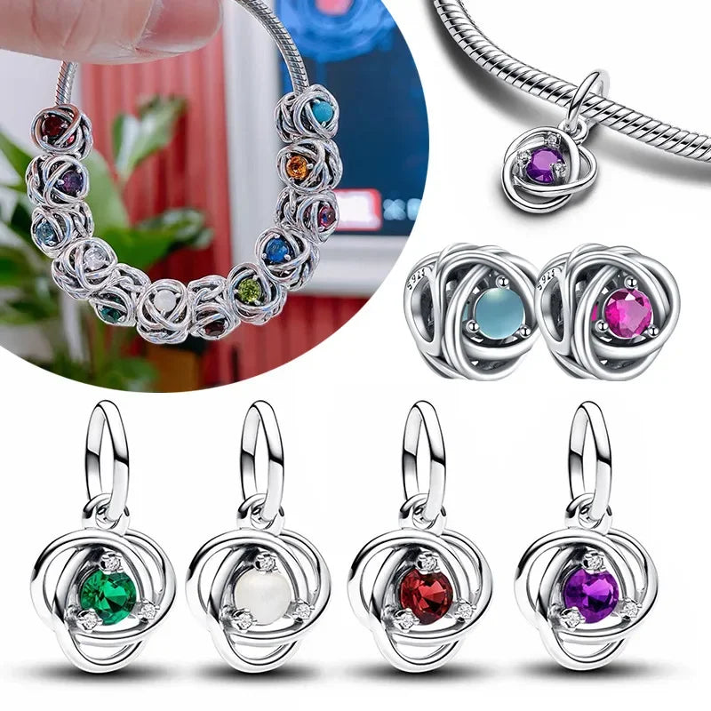 Silver S925 Twelve Month Birthstone Heart Eternity Charms | Fit Original Bracelet | Women’s DIY Fine Jewelry Beads