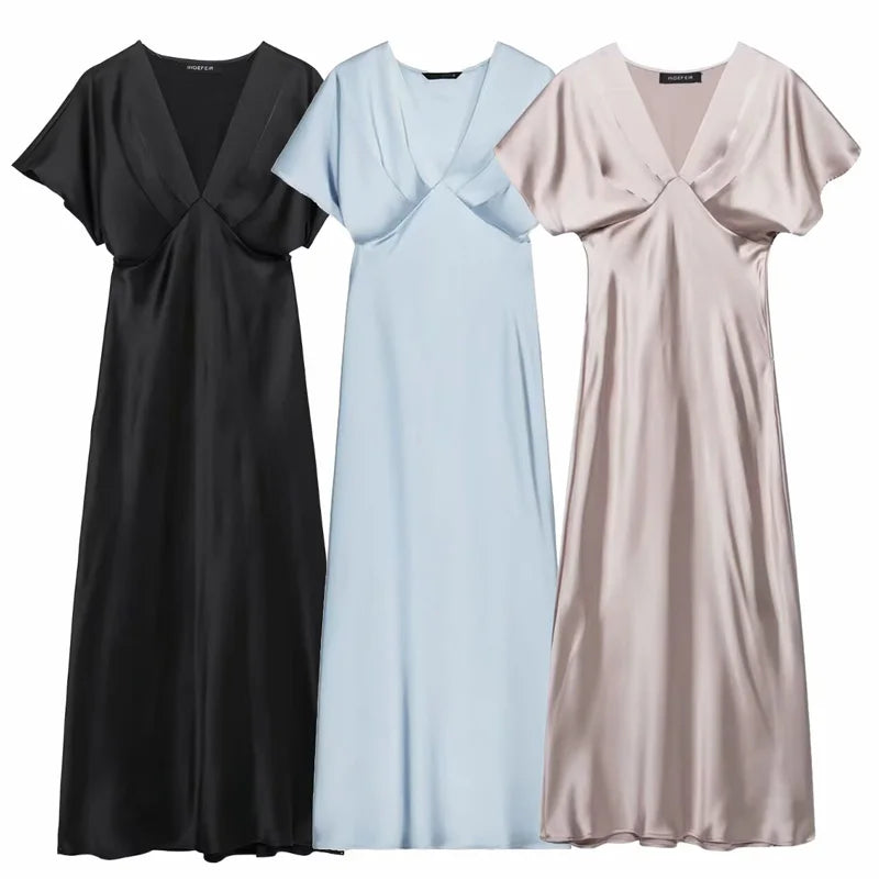 HXAO Midi Satin Dress for Women – Ruffled V-Neck Bat Sleeve Party Dress | Summer 2025 Black, Khaki, Blue Vestido