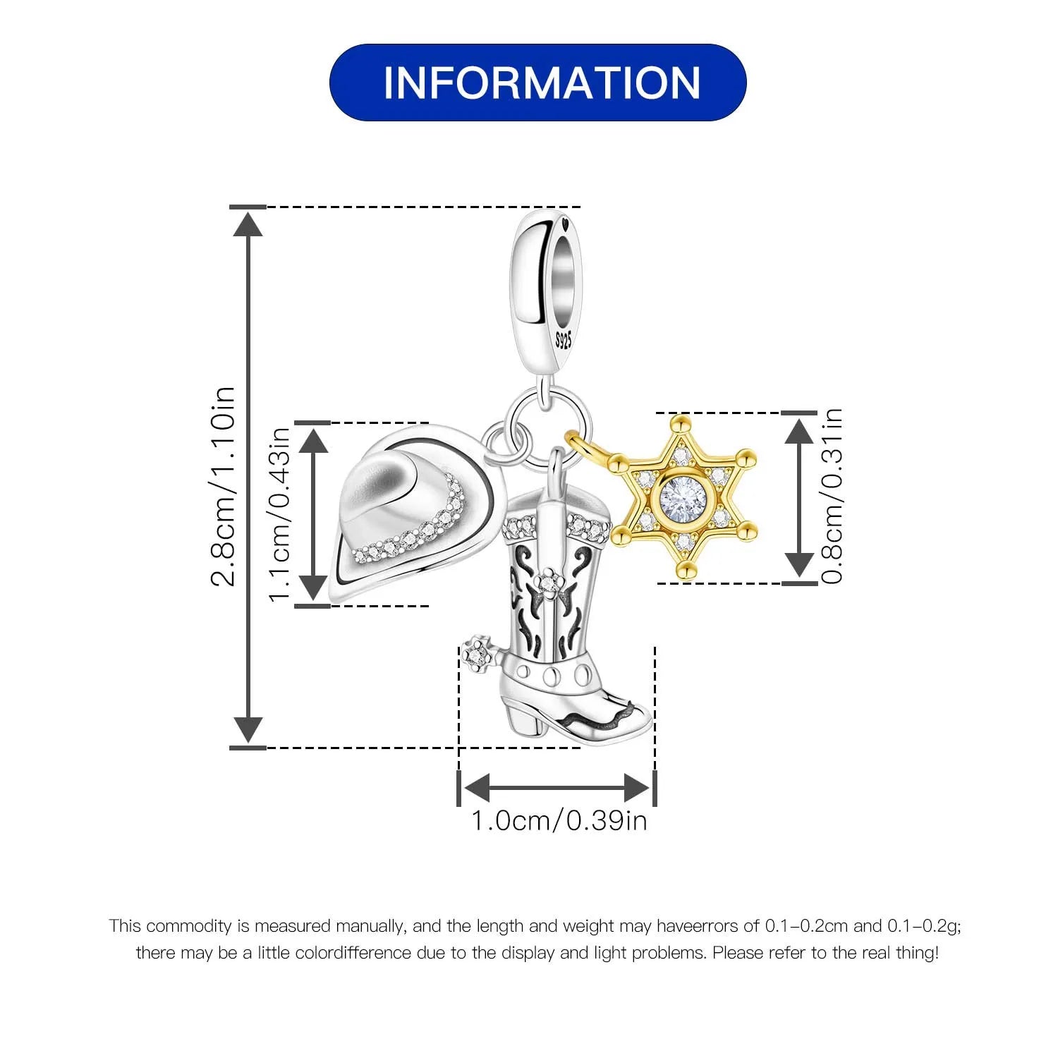925 Sterling Silver Western Cowboy Boots Charm Bead | Hobby Series Pendant for Bracelet DIY Jewelry Gift