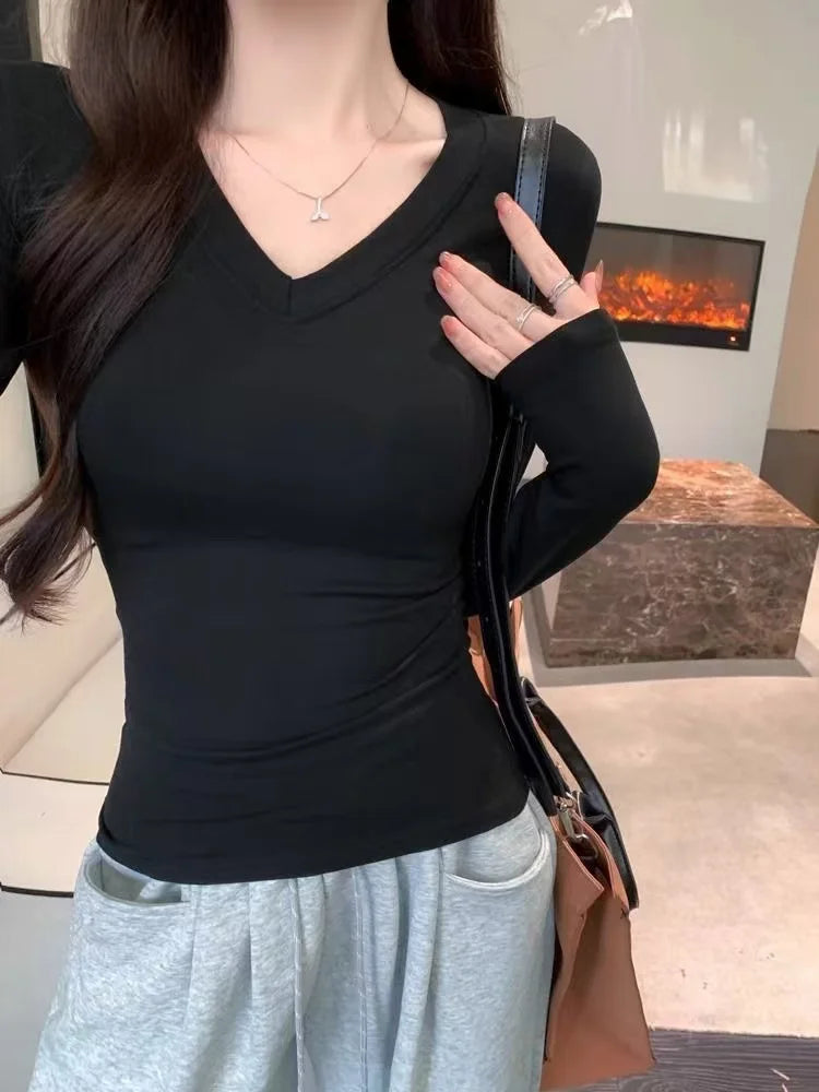 Women's Fleece-Lined Long Sleeve T-Shirt ❄️ Sweet Slim Fit U-Neck Top 👚 Autumn Winter Warm Fashion