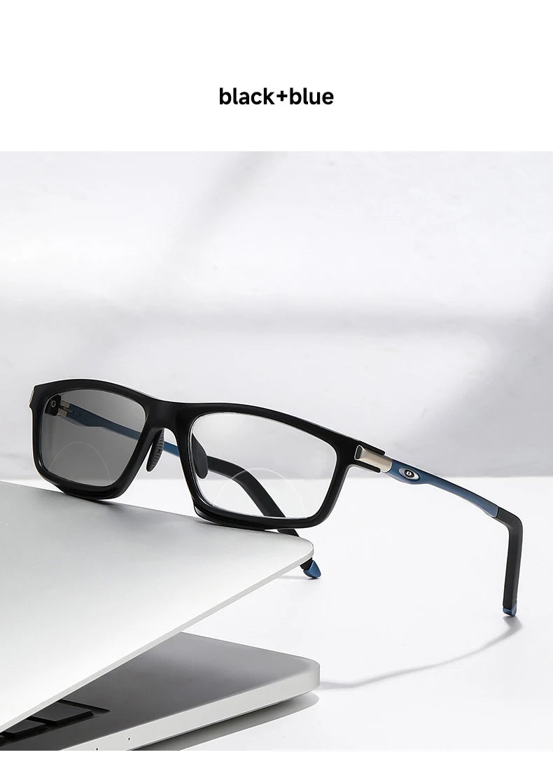 Anti-Blue Light Photochromic Bifocal Reading Glasses – Multifunctional Aluminum Magnesium Sports Eyewear for Men & Women