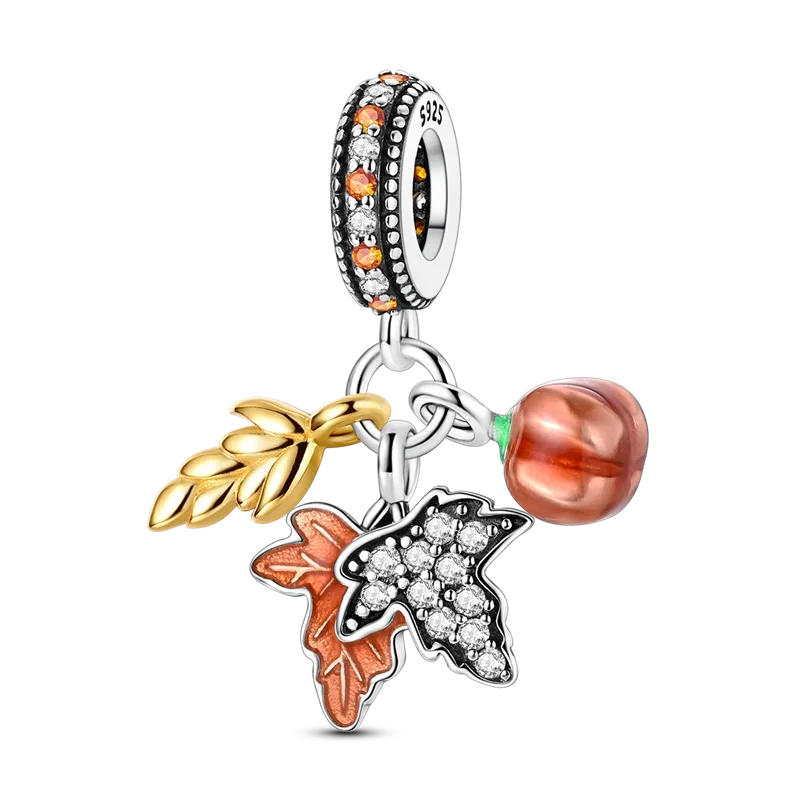 925 Sterling Silver Golden Autumn Charms | Maple Leaf & Pumpkin Beads Fit Original Bracelet DIY Jewelry Gift
