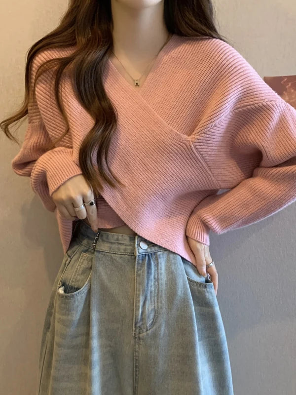 2025 New Korean Style Casual Slim Fit Knitted Top – Cross Neck Lazy Sleeve Design Sensation