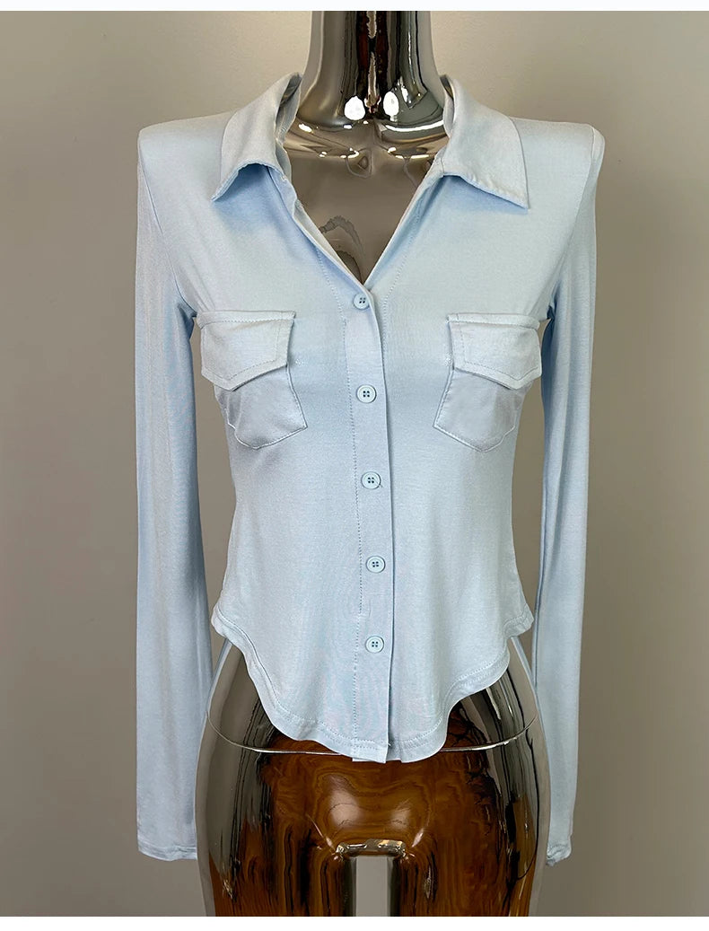 Sexy Button-Up Slim Fit Blouse – Women’s Early Autumn Korean Style Double Pocket Swing Top