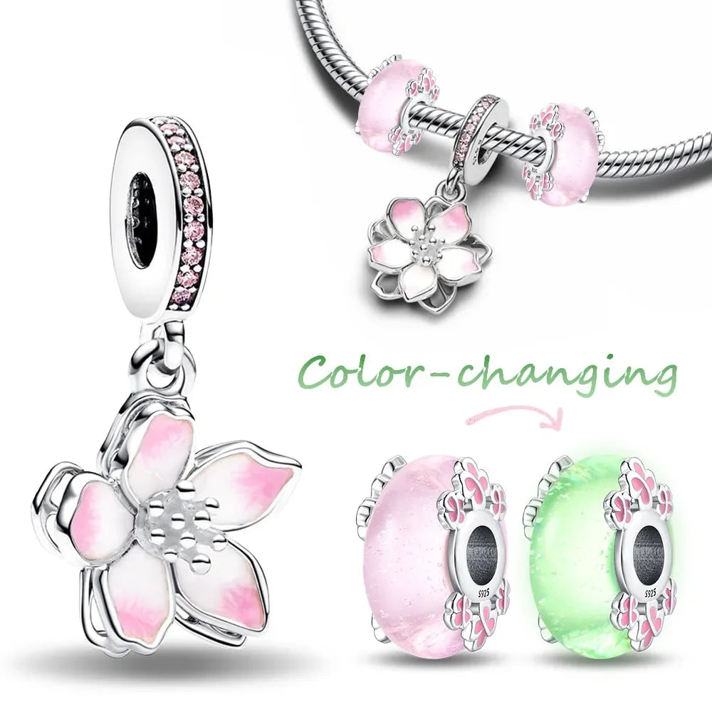 925 Silver Pink Cherry Blossom 🌸 Dangle Charm Bead for Pandora Bracelet