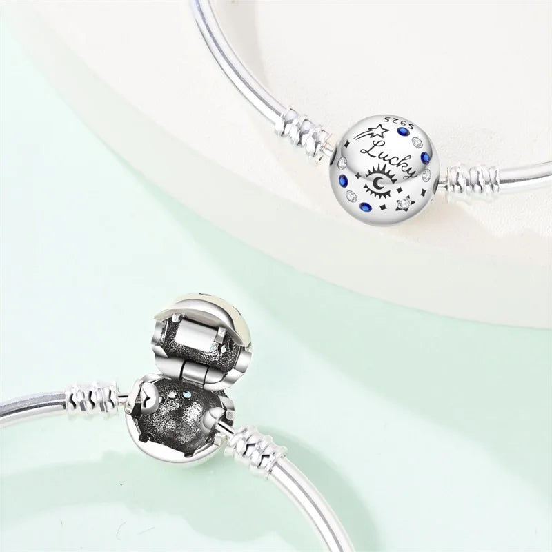 925 Sterling Silver Heart Moon Sun Clasp Charm Bracelet | 17–20CM Original Bracelet for Women | Fits Pandora DIY Beads Jewelry