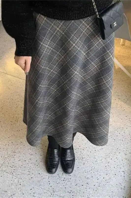 Retro Plaid  Skirt Women's Autumn Winter New A-Line Umbrella Skirt Wrap around Mid-Length Small Size f-length Skirt