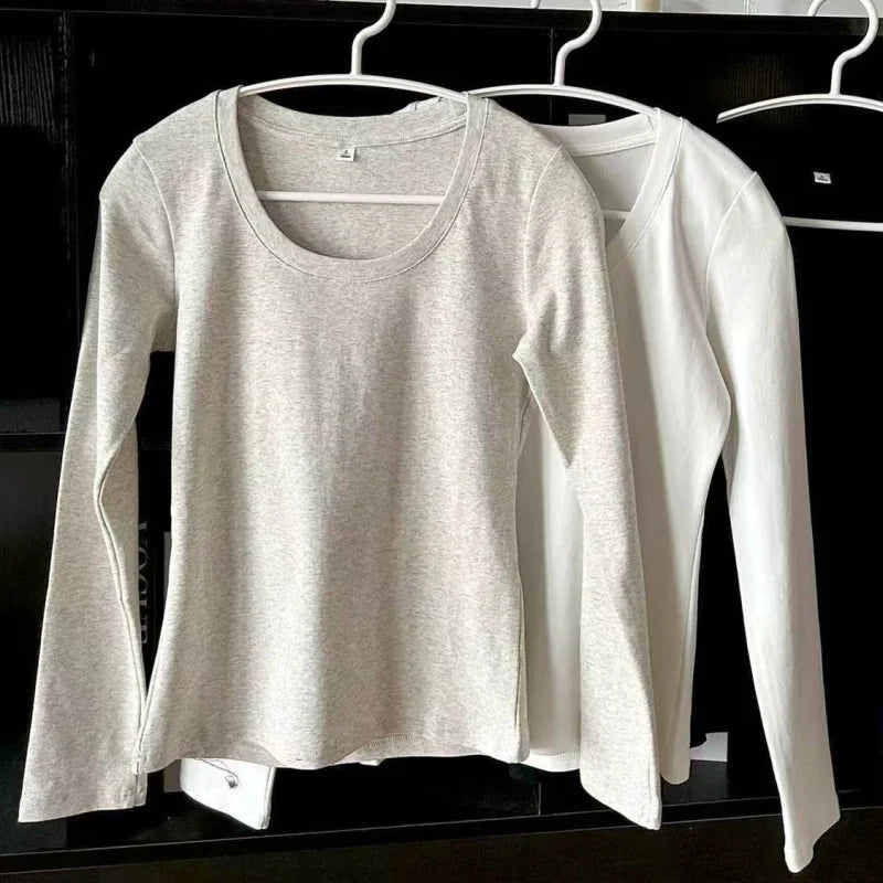 Women’s U-Neck Long Sleeve T-Shirt | Autumn Winter Cotton Slim Casual Top | Basic Solid Korean Style