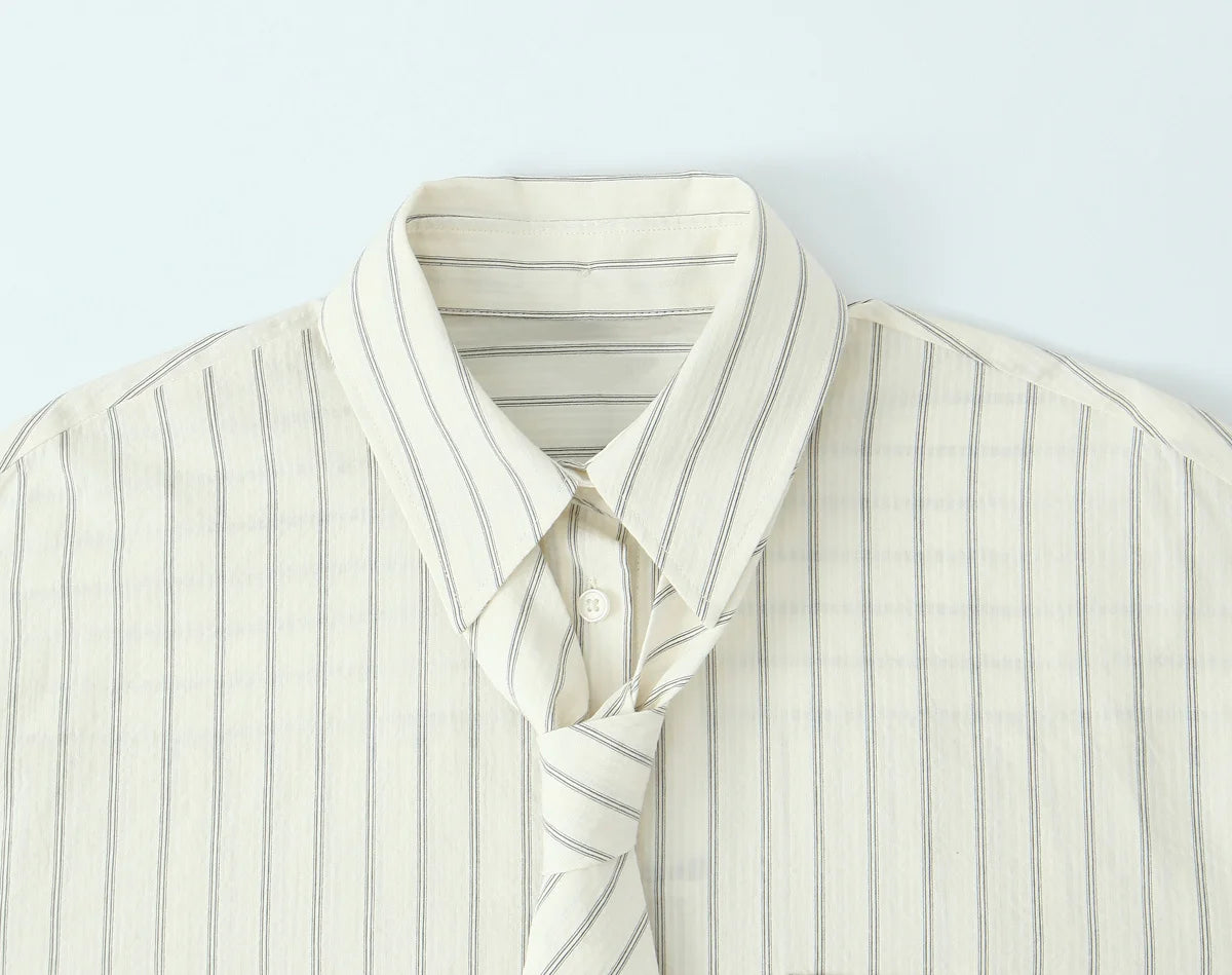 2025 Autumn Women’s Loose Striped Tie Lapel Long-Sleeved Shirt – Casual Fashion Versatile Top 🍂✨