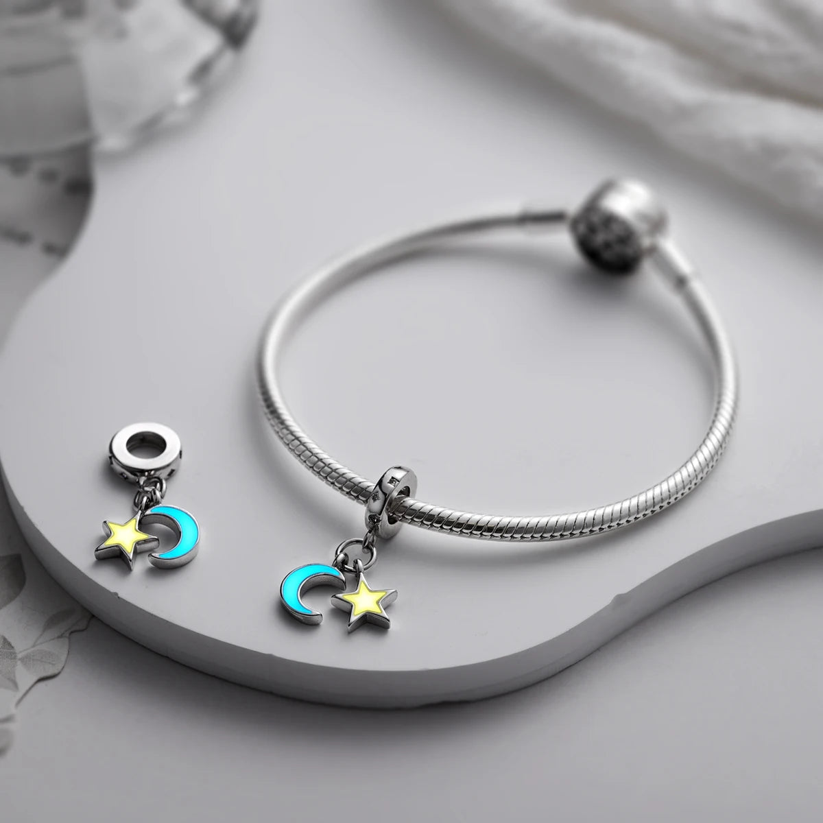 Silver Plated Colorful Glowing Moon & Stars Rainbow Dangle Charms | Fit Original Bracelet & Necklace | Women’s Jewelry Beads
