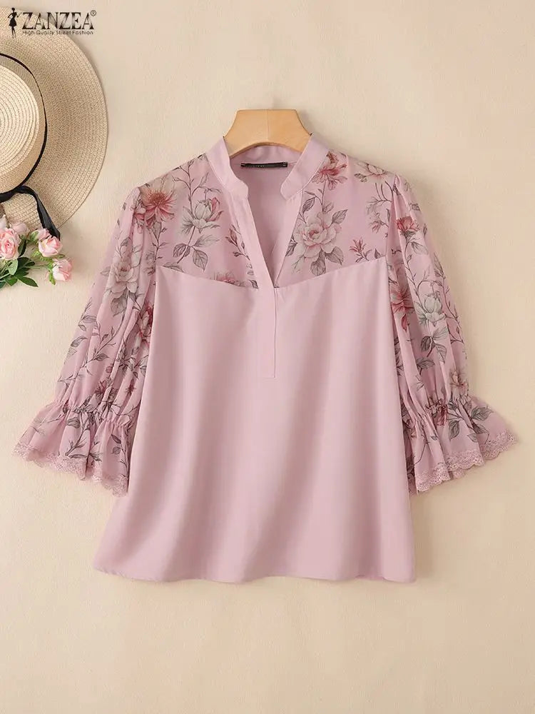 ZANZEA Elegant Women Floral Chiffon Blouse – V-Neck Patchwork Top with 3/4 Puff Sleeves & Lace Trim S-3XL 🌸👚