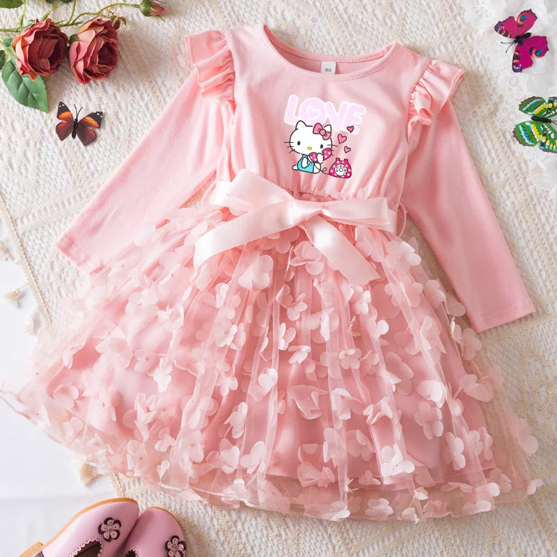 Hello Kitty Fall Girl Dress 3D Butterfly Casual Dresses Kids Birthday Princess Dress Long Sleeve Baby Girls Clothes 2-6Y