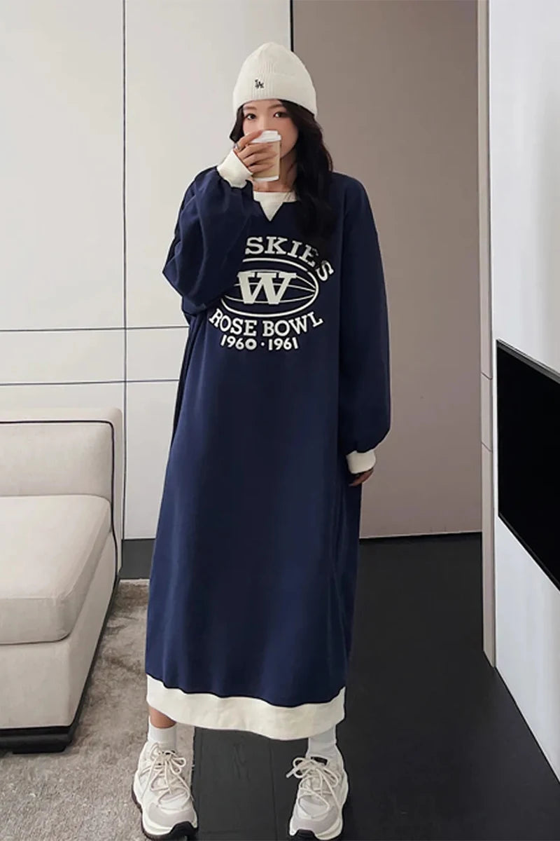 Plus Size Korean Style Loose Casual Sweatshirt Dress – A-Line Skirt, Long Sleeve Mid-Length | Weight Loss Friendly