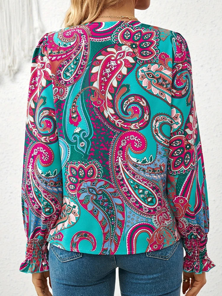 Spring Summer Women’s V-Neck Paisley Print Shirt – Pleated Sleeve Casual Fashion Top for Ladies 🌿✨