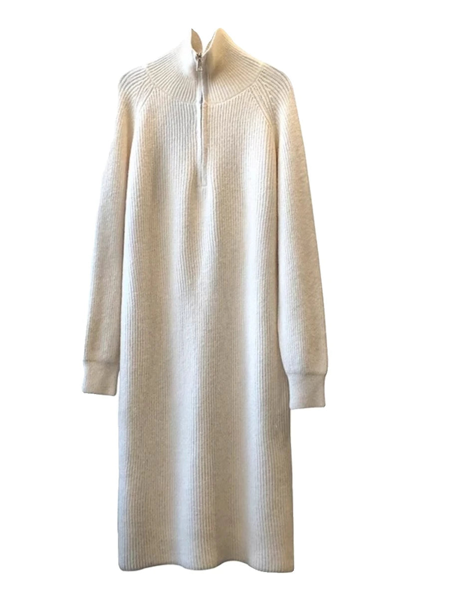 Thickened Long Sleeve Knitted Dress with Zipper Collar – Straight Tube Korean Style Winter Women’s Commute Warm Dress