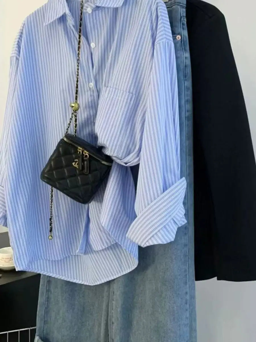 Retro Lazy Style Blue Striped Women’s Long Sleeve Shirt | Spring Autumn Design Sense Outerwear Blouse