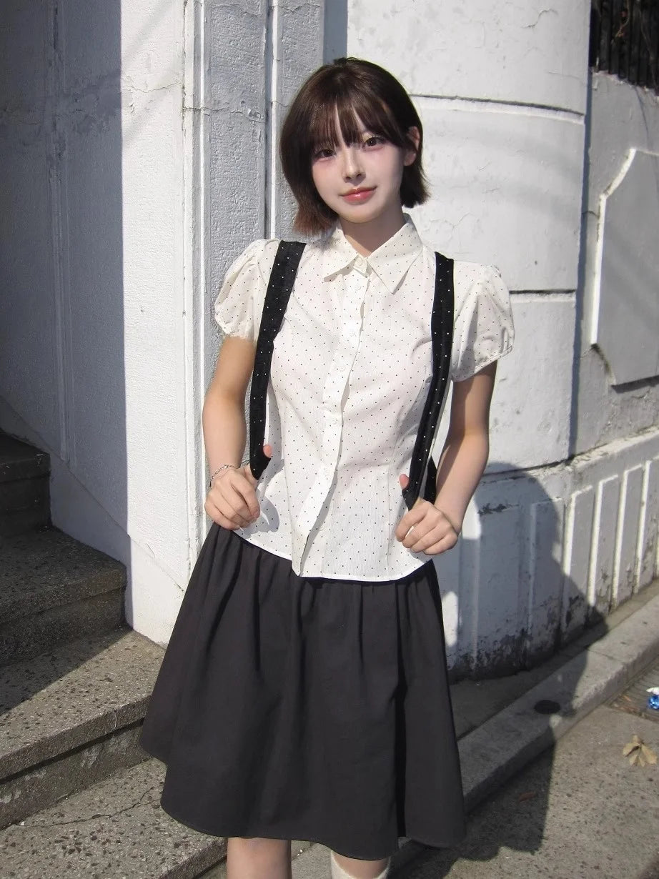 Sweet Korean Style Polka Dot Short Sleeve Blouse | Women’s Slim Fit Summer Top with Bubble Sleeves