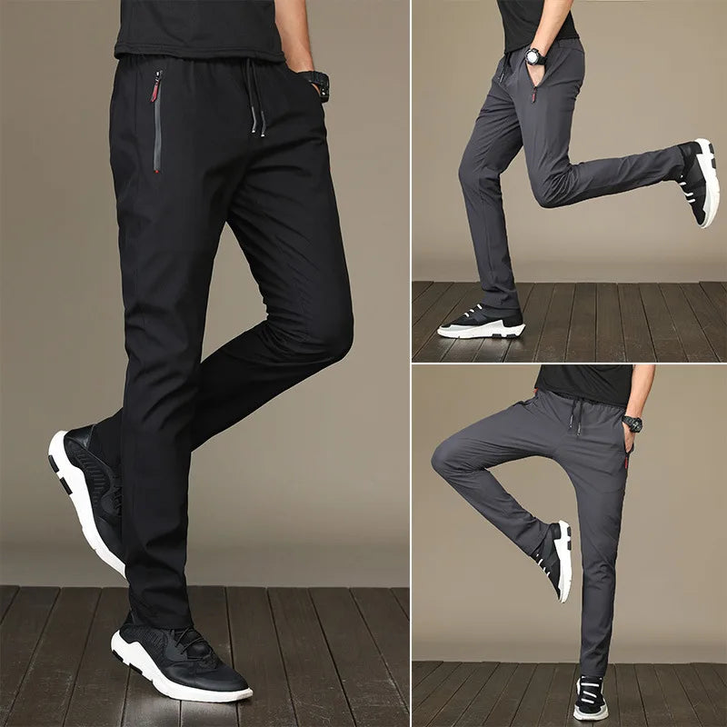 Ice Silk Men’s Pants 2023 – Black & Gray Summer Casual Business Straight Leg Sweatpants