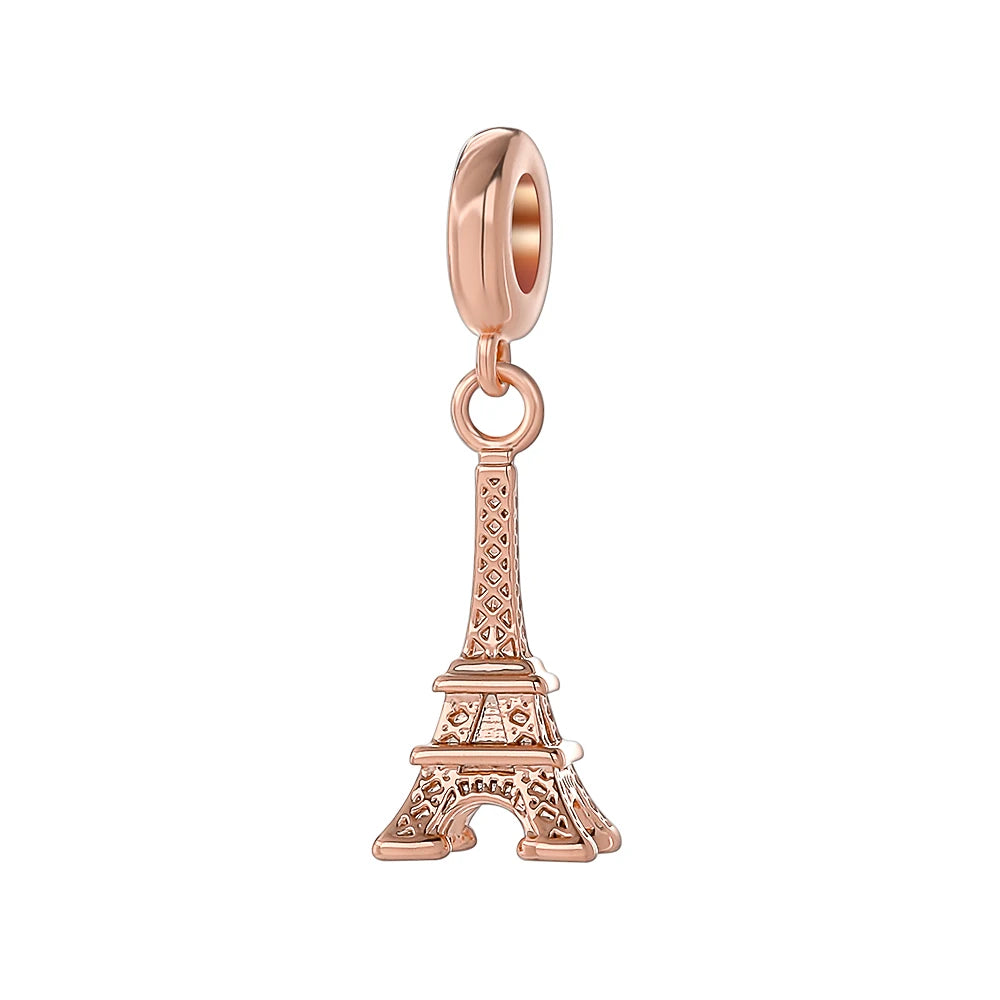 925 Sterling Silver Rose Gold Rabbit & Eiffel Tower Charm | Fit Original European Bracelet DIY Jewelry