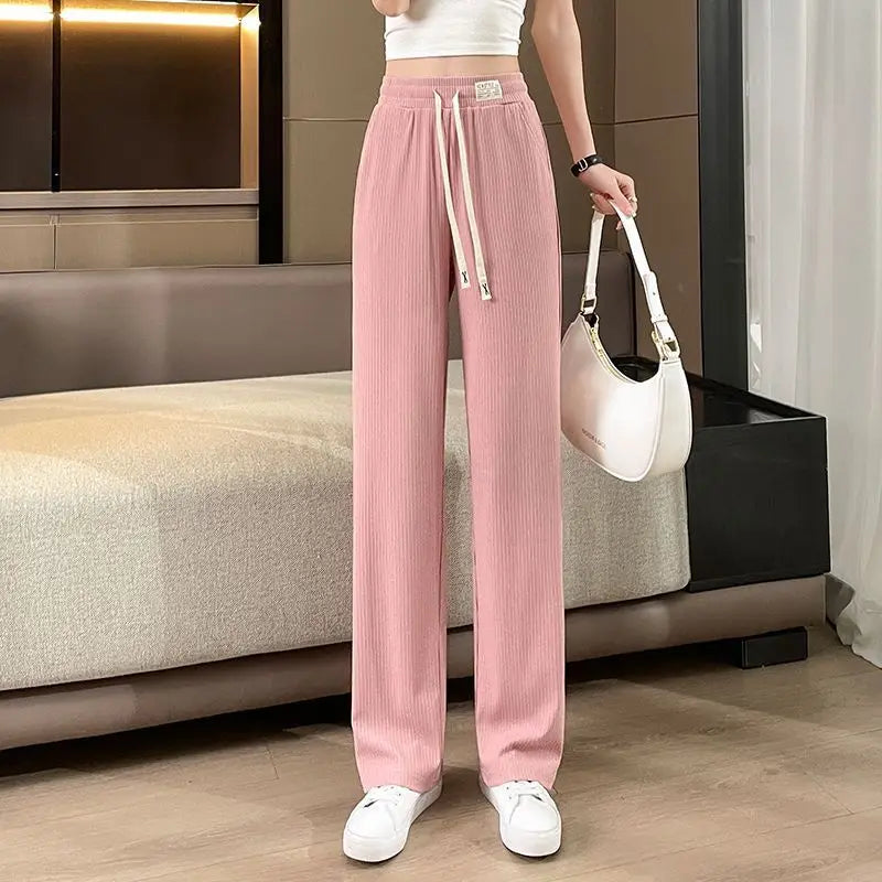 New 2025 Women’s Ice Silk Wide Leg Pants – High Waist Loose Thin Straight Casual Korean Trousers